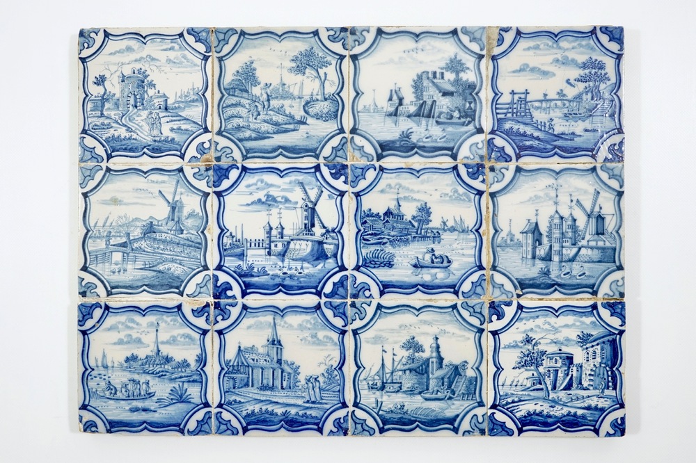 A field of 12 Dutch Delft blue and white landscape tiles, 18th C.